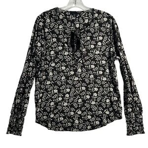 Lucky Brand Women's‎ Black Floral Print Tie Neck Long Sleeve Blouse Top M